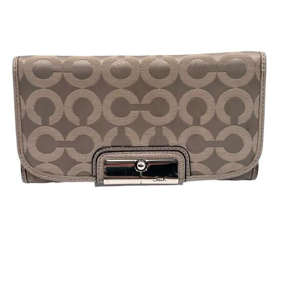 Coach Signature Logo Jacquard Leather Trifold Wallet Taupe Monogram Logo 5x8 - Picture 5 of 7